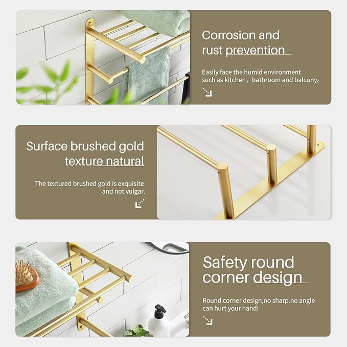 KOKOSIRI 3 Tier Bath Towel Rack 24 Inch Wall Mounted Rack with Towel Bars Towel Shelf with Single Towel Bar Bathroom Ladder Brushed Gold B5003BG