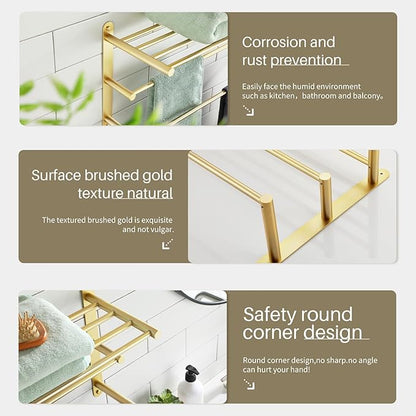 KOKOSIRI 3 Tier Bath Towel Rack 24 Inch Wall Mounted Rack with Towel Bars Towel Shelf with Single Towel Bar Bathroom Ladder Brushed Gold B5003BG