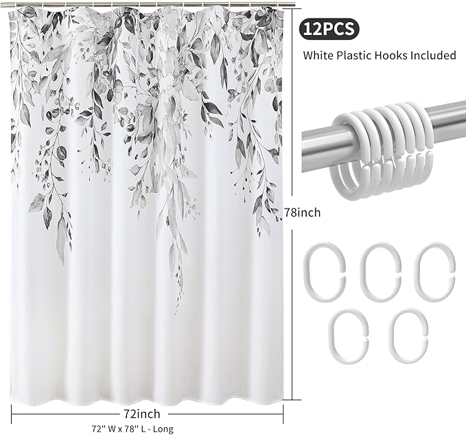 Colorful Star Grey Eucalyptus Waterproof Shower Curtain Set with Hooks, Minimalist Watercolor Floral Print Bathroom Décor, Plant Leaves Washable Fabric Shower Curtain, 72 x 78 Inch