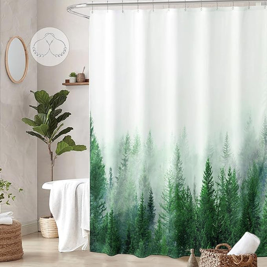 ORTIGIA Green Misty Forest Heavy Duty Shower Curtain for Bathroom, Nature Woodland Shower Curtain Set with Hooks, Decorative Pine Tree Fog Magic Bath Curtain for Home, 70x72