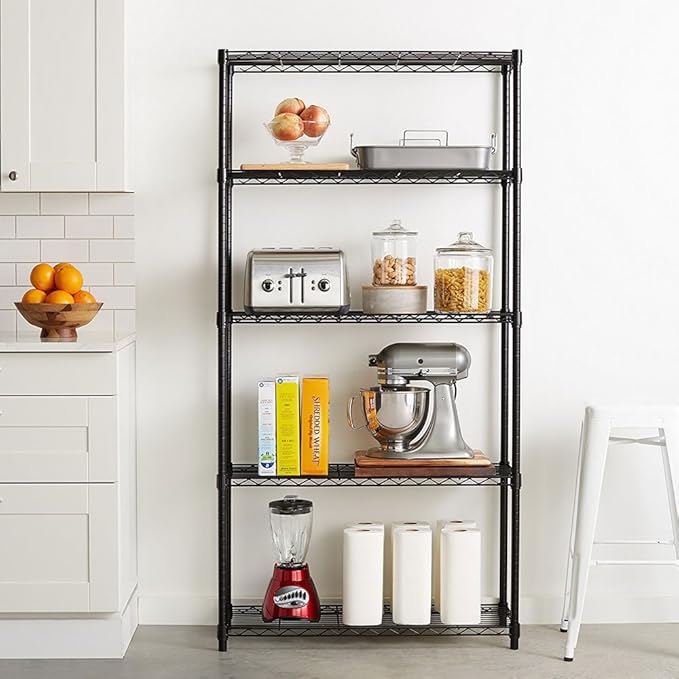 5 Tier Storage Racks Shelving, Heavy Steel Pantry Shelves, Adjustable Wire Shelving Rack, Suitable for Garage, Kitchen, Bathroom, Office, 35" W x 14" D x 71" H, Black