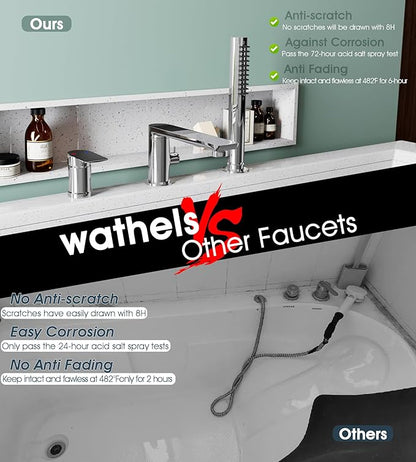 Modern Chrome Roman Tub Faucet with 360° Rotated Spout, Deck Mount Bathtub Faucet with Hand Shower, Widespread 3 Holes Bath Tub Filler Faucet Rough In Valve Included (Chrome)