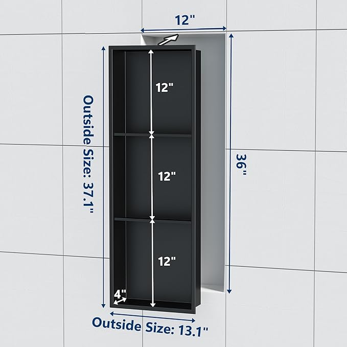 Neodrain 3-Tier 12X36 Inch Recessed Shower Niche Tile Ready, Matte Black Stainless NO Tile Needed Wall Niche for Shower & Bathroom Storage, Waterproof Bath Organizer