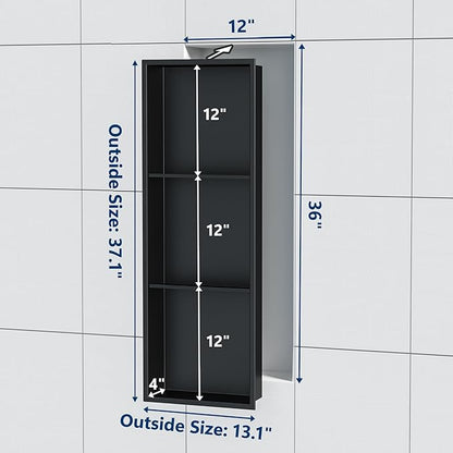 Neodrain 3-Tier 12X36 Inch Recessed Shower Niche Tile Ready, Matte Black Stainless NO Tile Needed Wall Niche for Shower & Bathroom Storage, Waterproof Bath Organizer