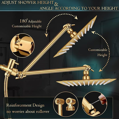 Shower Head,12'' Rain Shower Head with 11'' Adjustable Extension Arm and 5 Settings High Pressure Handheld Shower Head Combo,Powerful Shower Spray Against Low Pressure Water-Brushed Gold
