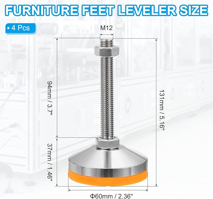 PATIKIL Furniture Leveling Feet 2.4" Dia Base M12 Thread, 4 Pcs Carbon Steel Adjustable Threaded Furniture Levelers Screw on Leg Leveler with Pads for Desk Chair Cabinet,Yellow