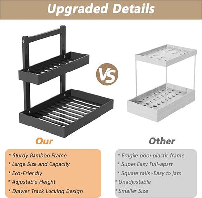 Bamboo Under Sink Organizer and Storage, 2 Tier Pull Out Cabinet Organizer, Slide Out Under Sink Storage Shelf, Undersink Organizers Shelves for Kitchen Bathroom Organization (Black, 1 Pack)