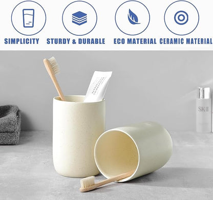 Beige Toothbrush Holders for Bathrooms - 2 Cups Ceramic Toothbrush Toothpaste Holders Set, Beige Bathroom Tumbler Cups Reusable Toothbrush Mouthwash Cup, Bathroom Counter Organizer