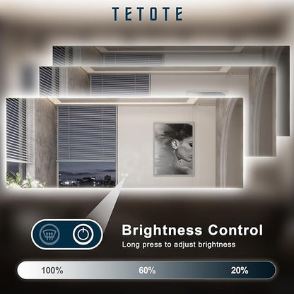 TETOTE 55 x 30 Inch LED Mirror Backlit Bathroom,Anti-Fog Mirror with Light,Dimmable,CRI90+,IP54 Water Proof,Wall Mounted Vanity Lighted,Horizontal/Vertical