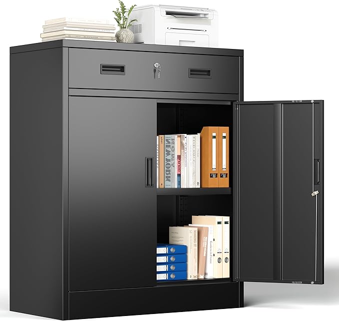 Metal Storage Cabinet, 36 Inch Tall Metal Storage Cabinet with Doors and Shelves, Pantry Cabinets with Drawer for Kitchen Storage, Garage Cabinet for Living, Dining Room, Assemble Required.
