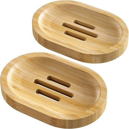 AmazerBath Bamboo Soap Holder, Bamboo Soap Dish, 2 Pack Soap Dishes for Bar Soap, Soap Tray Self Draining, Oval Soap Saver for Shower, Bathroom, Kitchen