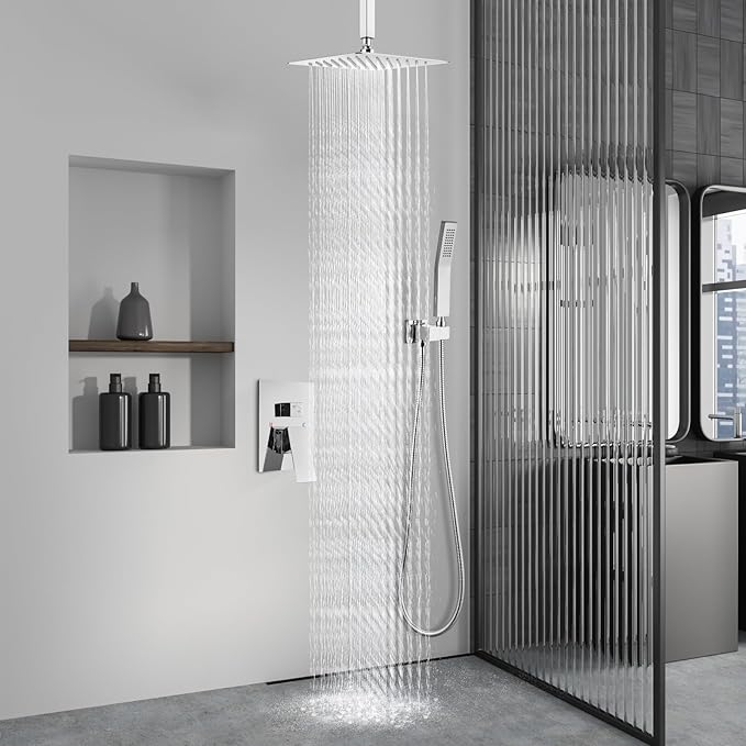 Aolemi Ceiling Mount Shower System Rain Shower Head with Handheld Spray High Pressure Shower Faucet Set Rough-in Valve Shower Trim Kit Included Bathroom Polish Chrome 8 Inch Ceiling Shower Head