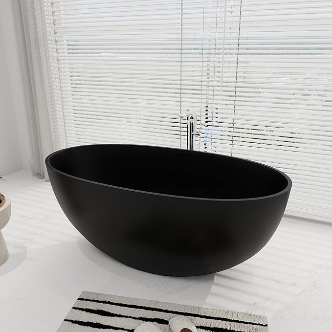 SJ STAR&JANE 55" Solid Surface Freestanding Bathtub, Stone Resin Oval Soaking Tub Matte Black Stand Alone Tub with Overflow and Pop-up Drain for Bathroom