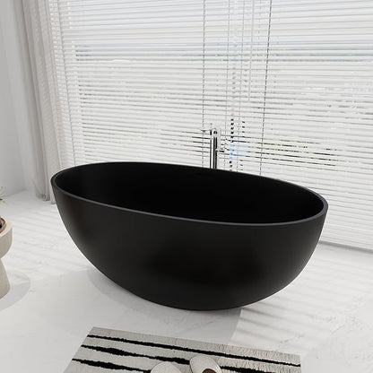 SJ STAR&JANE 55" Solid Surface Freestanding Bathtub, Stone Resin Oval Soaking Tub Matte Black Stand Alone Tub with Overflow and Pop-up Drain for Bathroom