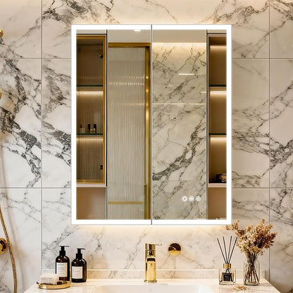 Aluminum Medicine Cabinet with Light,Stepless Glass Shelf,3 Colors Temperature,Dimmer,Backlit Lighting,Internal Light,USB Shaver Socket,Defogger,61cm×76cm