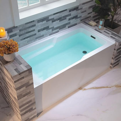 WOODBRIDGE 54" Acrylic Rectangular Alcove Soaking Bathtub in White with Right Drain, Matte Black Pop-Up Drain Included BA5430R