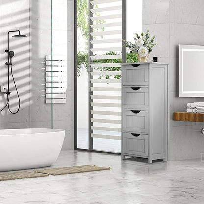 Bonnlo Skinny Bathroom Floor Storage Cabinet, 12 Inch Wide Deep Small Storage Organizer with 4 Drawers, Wooden Modern Grey Thin Free Standing Tower Cabinet w/ 4 Cute Drawers for Bathroom, Living Room