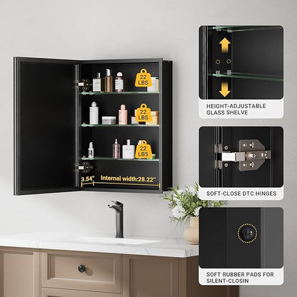 30x26 Pre-Assembled Black Medicine Cabinet with Mirror, Surface or Recessed Medicine Cabinet Mirror for Bathroom, Aluminum Beveled Frame Bathroom Vanity Mirror with Adjustable Shelves Storage