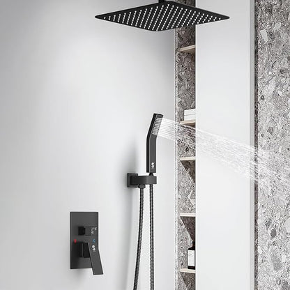 SR SUN RISE 12 Inch Oil Rubbed Bronze Shower System Brass Bathroom Luxury Rain Mixer Shower Combo Set Ceiling Mounted Rainfall Shower Head System Faucet Trim Repair Kits with Rough-In Valve and Trim