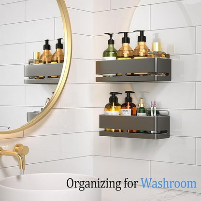 Shower Caddy, 2-Pack Shower Shelf, Heavy-Duty Bathroom Storage Shelf, Large Capacity No-Drill Bathroom Organizer, Gray Metal Storage Basket, Adhesive Installation