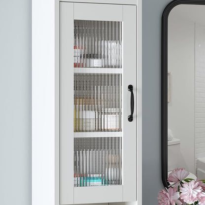 71" H Tall Bathroom Storage Cabinet, Narrow Bathroom Cabinet with Glass Door Slim Cabinet with Adjustable Shelf Skinny Linen Tower Thin Linen Storage for Small Space, Cream White
