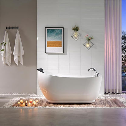 Empava 67 inch Acrylic Freestanding Whirlpool Bathtub with Hydromassage Gracefully Oval Shaped Adjustable Water Jets Soaking SPA, Single-Ended Massage Bathtubs with Black Pillow, ETL Certified, White