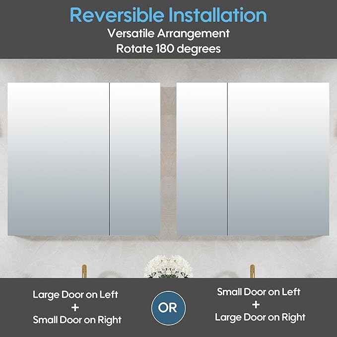 WELLFOR 30" x 30" Bathroom Medicine Cabinet, Anodized Chrome Aluminum Frame, Medicine Cabinet with Adjustable Glass Shelves, Bathroom Mirrored Cabinet, Surface or Recessed Mount, Double Doors