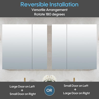 WELLFOR 30" x 30" Bathroom Medicine Cabinet, Anodized Chrome Aluminum Frame, Medicine Cabinet with Adjustable Glass Shelves, Bathroom Mirrored Cabinet, Surface or Recessed Mount, Double Doors