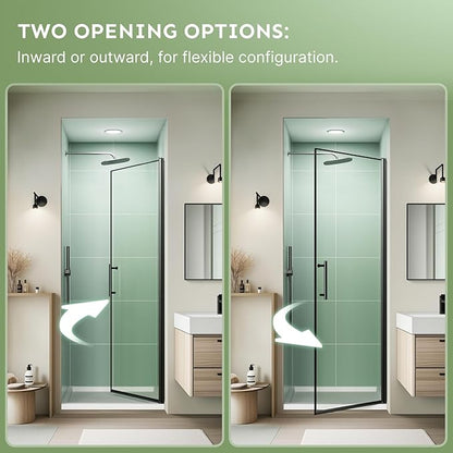 30" Wx72 H Frameless Reversible Pivot Shower Door, 1/4" Clear SGCC Tempered Glass & Shatter Proof Film, 304 Stainless Steel Hardware, Water Protection Seal Stripes Plus Glass-Fixing Aluminum Stripe
