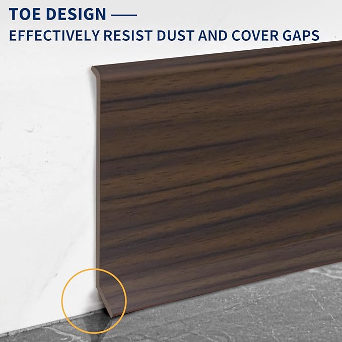 Flexible Baseboard Molding Trim 4 Inch Self-Adhesive Vinyl Wall Base Peel and Stick Cove Base Rubber Wall Baseboard Moulding Trim (60Ft, Brown Oak)
