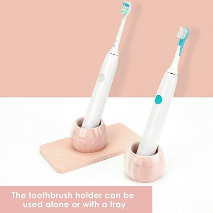 2 Pack Ceramic Toothbrush Holder with Diatomite Toothbrush Tray for Bathroom Shower Countertop Storage Organizer, Small Toothpaste Razor Electric Tooth Brush Head Stand (Pink)