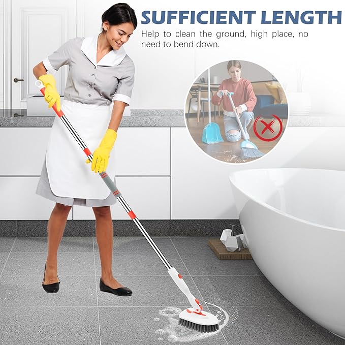 SetSail Floor Scrub Brush, 3-In-1 Tile Tub Floor Scrubber with 52-inch Adjustable Long Handle Shower Cleaner Brush and 4 Detachable Replacement Brush Heads for Cleaning Bathroom Kitchen Walls Tub Tile