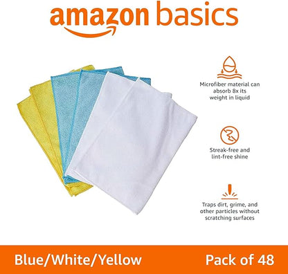 Amazon Basics Microfiber Cleaning Cloths, Non-Abrasive, Reusable and Washable, Pack of 48, Blue/White/Yellow, 16" x 12"