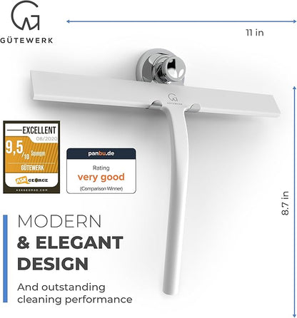GÜTEWERK Shower Squeegee for Glass Doors, Silicone Window Squeegee, Bathroom and Glass Cleaning - White - 11 Inch