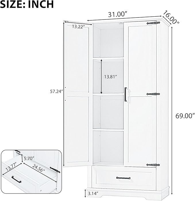 Favfurish 69" Tall Bathroom Storage Cabinet with Doors and Drawer,Modern Linen Cabinets w/Adjustable Shelf and Anti-Toppling Device,Freestanding Organizer for Bath Room,Study,Office,Kitchen White