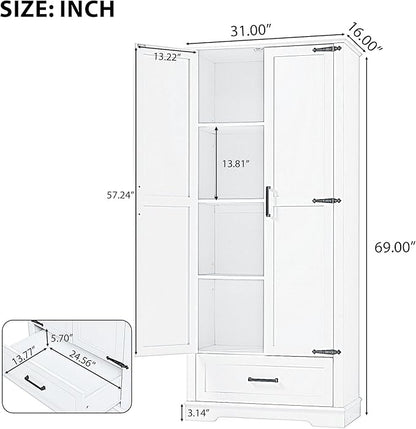 Favfurish 69" Tall Bathroom Storage Cabinet with Doors and Drawer,Modern Linen Cabinets w/Adjustable Shelf and Anti-Toppling Device,Freestanding Organizer for Bath Room,Study,Office,Kitchen White