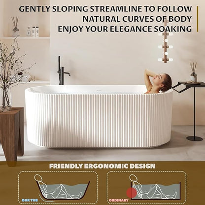 67" Free Standing Tub, Acrylic Soaking Bathtub, Stand Alone Freestanding Tub with Matte Sliver Drain and Overflow, Contemporary Bathtub for Bathroom, Pleated Gloss White