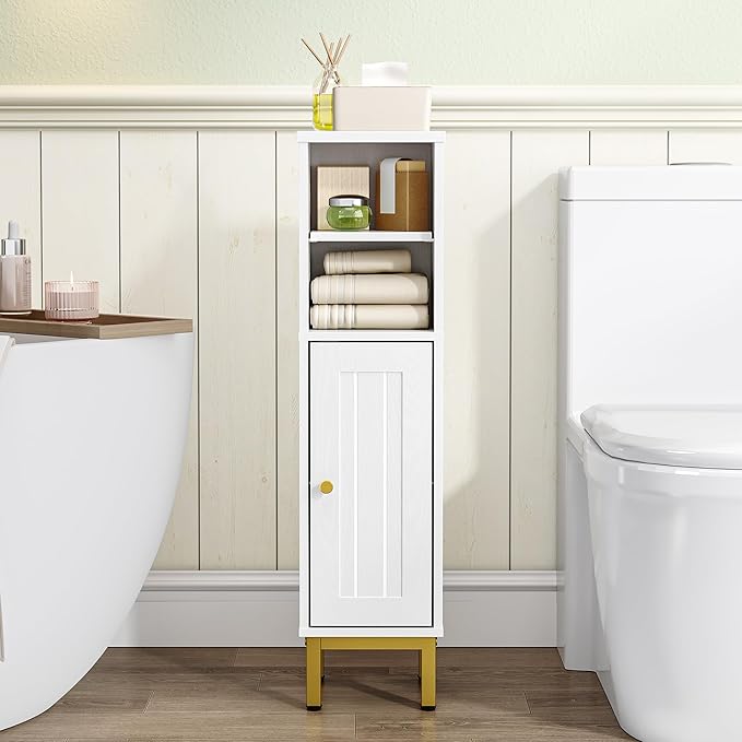 Bathroom Storage Cabinet, Corner Floor Cabinet with Shelves, Customized Door Opening Direction, Bathroom Organizer with Adjustable Shelf for Kitchen, Living, Toilet Paper Holder, White