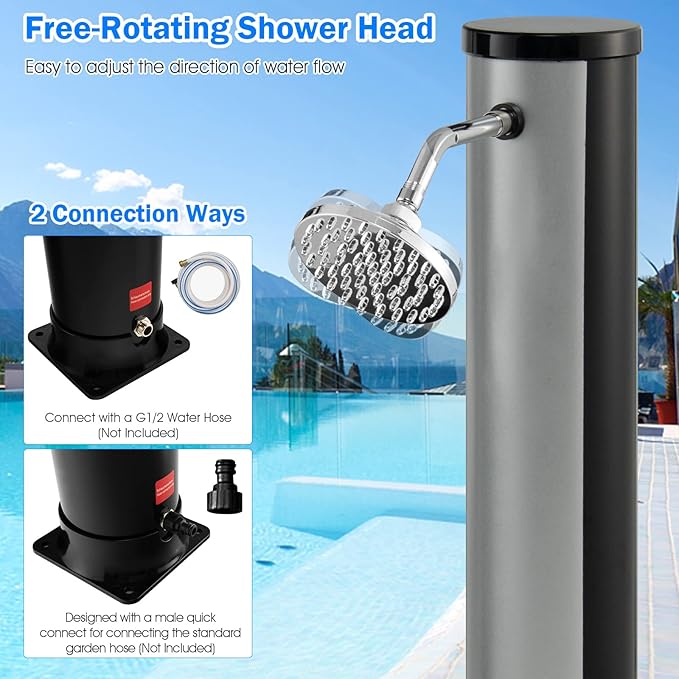 Giantex 7.2 FT 10 Gallon 2-Section Solar-Heated Outdoor Shower, Pool Shower W/Free-Rotating Shower Head, Foot Tap Spigot, Faucet, Temperature and Pressure Adjustment for Backyard, Garden, Beach Spa