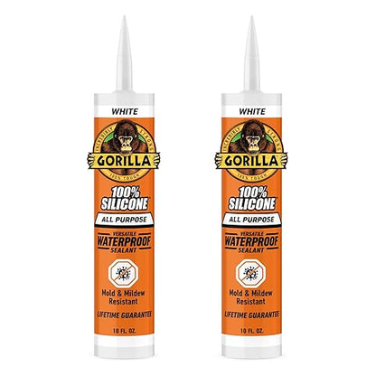 Gorilla Waterproof Caulk & Seal Silicone Sealant, 10oz Cartridge (Pack of 2) - White Caulking Sealant for Kitchen, Window, Bath, Marine, Door and More