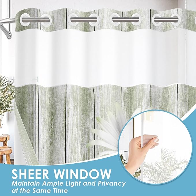 No Hook Daisy and Butterfly Shower Curtain with Snap in Fabric Liner Set, Green Rustic Farmhouse Double Layers Waterproof Fabric with See Through Top Window Open Grommet Bath Curtain 71x86 Inch