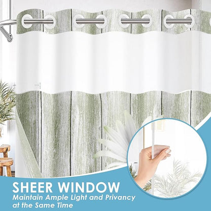 No Hook Daisy and Butterfly Shower Curtain with Snap in Fabric Liner Set, Green Rustic Farmhouse Double Layers Waterproof Fabric with See Through Top Window Open Grommet Bath Curtain 71x74 Inch