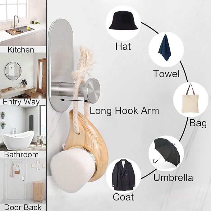 TocTen Adhesive Hook - 3 Pack Heavy Duty Sticky Towel/Robe Hook, Waterproof Stainless Steel Shower Hook, No Drill Stick on Wall Coat/Clothes Hooks for Bathroom, Kitchen, and Offices(Brushed Nickel)