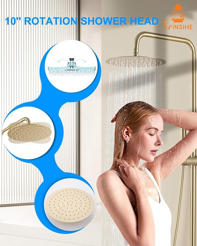 Outdoor Shower Kit Gold, Exposed Shower System with Tub Spout and 10'' Rainfall Shower Head, 3 Functions Handle Shower Faucet Sets with Dial Thermometer Brass Valve, Brushed Gold Finsh