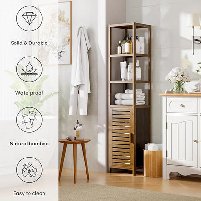HITNET Bathroom Cabinet, Bamboo Floor Cabinet Freestanding Narrow Storage Unit with Removable Shelves, 6 Tier Tall Cabinet, Walnut