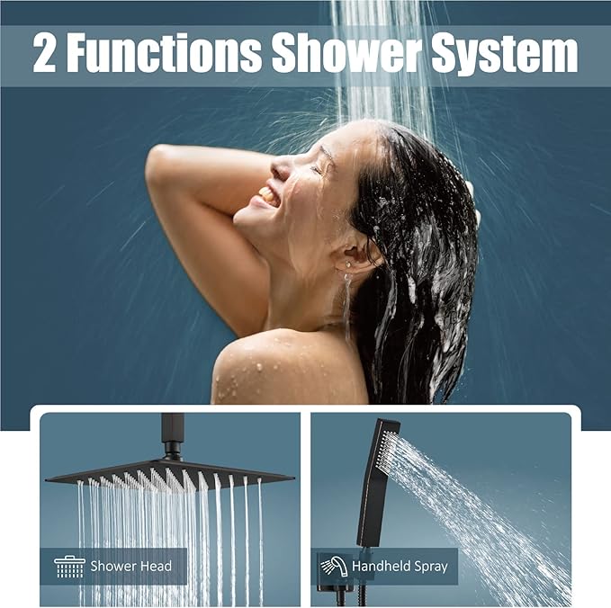 Aolemi Ceiling Mount Shower System Rain Shower Head with Handheld Spray High Pressure Shower Faucet Set Rough-in Valve Shower Trim Kit Included Bathroom Oil Rubbed Bronze 12 Inch Ceiling Shower Head