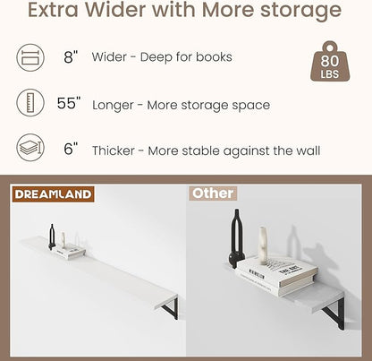 Dreamland 8 inch Deep Floating Shelves for Wall, 55W x 8D Wall Mounted Shelves Set of 2, Wide Display Ledge Shelf with Sturdy Metal Brackets for Living Room, Bathroom, Bedroom and Kitchen, White