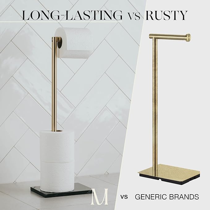 MARMOLUX ACC Free Standing Gold Toilet Paper Holder Stand with Black Marble Base and Storage | 4 Jumbo Roll Bathroom Hardware Toilet Tissue Organizer | Stainless Steel Bathroom Decor Accessory