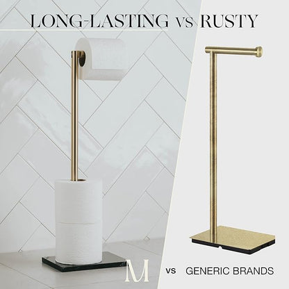 MARMOLUX ACC Free Standing Gold Toilet Paper Holder Stand with Black Marble Base and Storage | 4 Jumbo Roll Bathroom Hardware Toilet Tissue Organizer | Stainless Steel Bathroom Decor Accessory