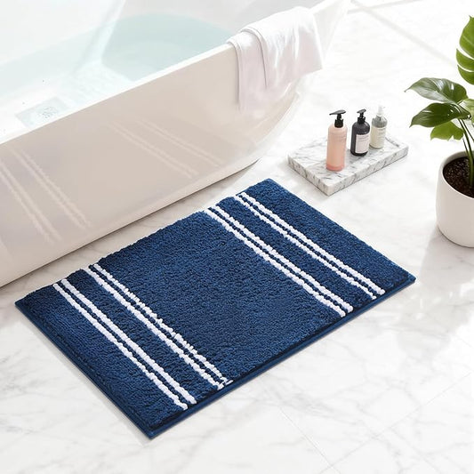 Kmson Bathroom Rugs Mat, 17"x24" Ultra Soft Washable Shaggy Chenille Bath Rugs, Non-Slip Fluffy Thick Water Absorbent Microfiber Mat for Bathtub, Sink and Shower, Navy Blue